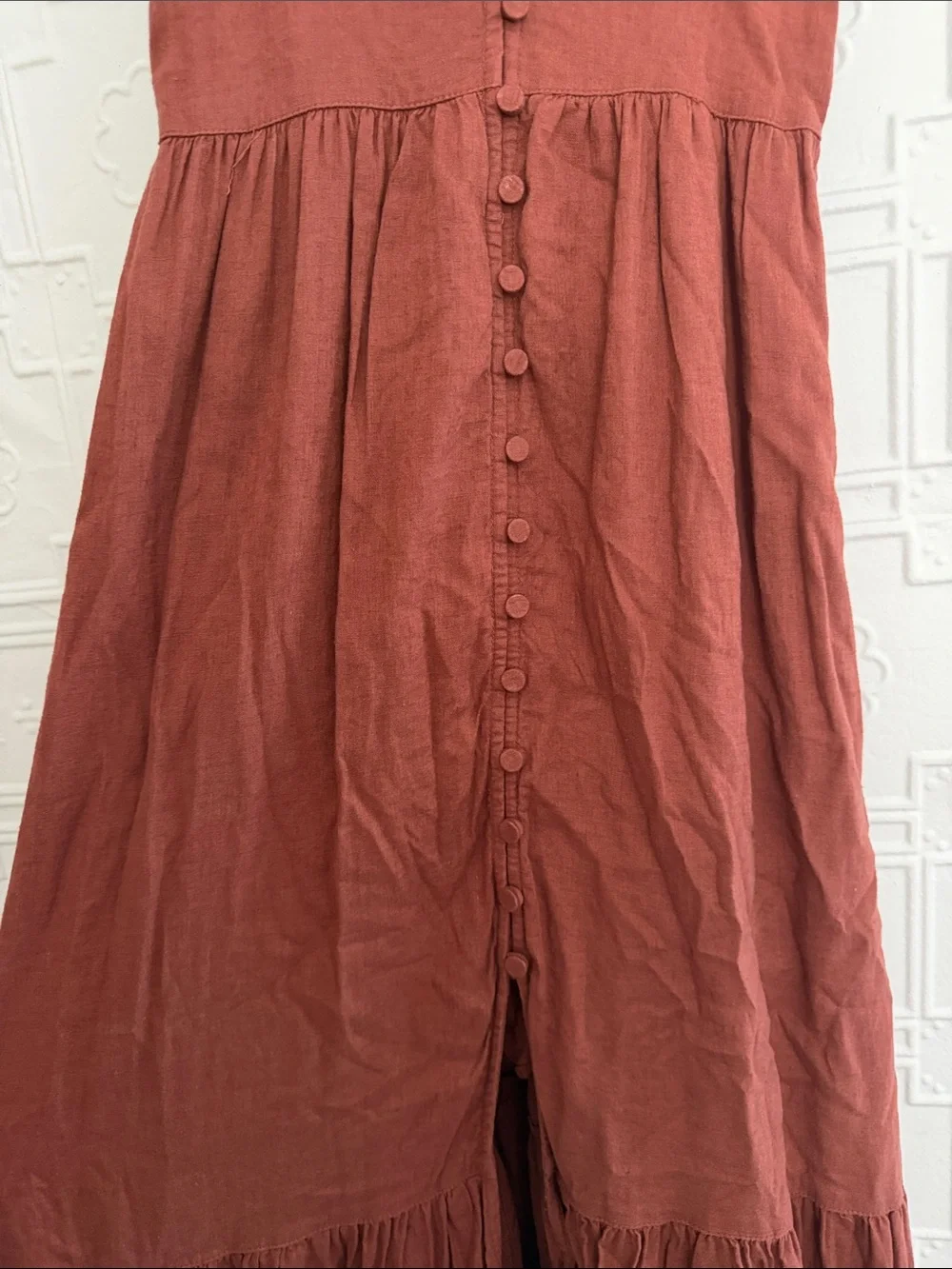 Abercrombie & Fitch Linen Blend Button-Front Maxi Dress Rust Brown XS